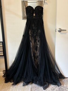 Strapless Black Lace & Tulle Evening Gown